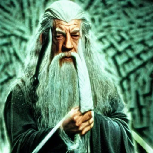 Prompt: a still of gandalf in the matrix (1999)