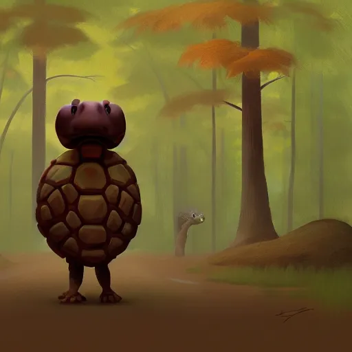 Prompt: Goro Fujita a portrait of an anthropomorphic A tortoise walking through the forest, painting by Goro Fujita, ArtStation