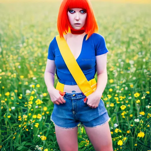 Prompt: misty from pokemon, orange hair in a side ponytail, wearing a yellow shiort sleeved crop top, blue denim short shorts with red suspenders on top, standing in a field, by gottfried helnwein, dslr full body portrait, sigma 8 5 mm f 1. 8