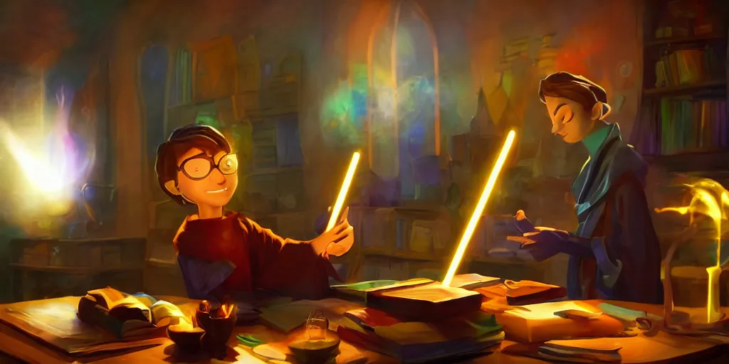 Prompt: a young male mage they are in a alchemy workshop working at there desk. colorful, light rays, medium shot, waist up, sharp, bloom, dramatic lighting, by pixar, dreamworks and marvel