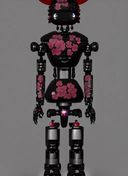 Image similar to full body portrait of a gothic japanese robot geisha with kanji tattoos and decals wearing a digital pixelated kimono, intricate design, photorealistic, octane render, raytraced, ultra fine detailed, character design, trending on artstation