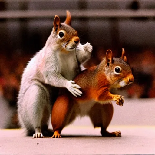 Image similar to a realistic squirrel wrestling at 1 9 8 0 s wrestlemania movie still