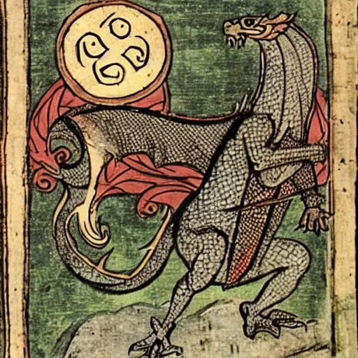 Prompt: medieval illustration of a dragon and a man
