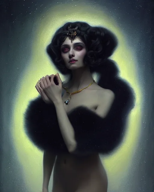 Image similar to Nocturne, glowing, stars, a portrait of a beautiful female shadow djinn creature with long fur collar, highly detailed, mysterious, ethereal, dressed in velvet and gold jewelry, haute couture, illustration, dramatic lighting, soft details, painting, by Edmund Blair Leighton, Brom, Charlie Bowater, trending on artstation, faces by Tom Bagshaw, otto schmidt