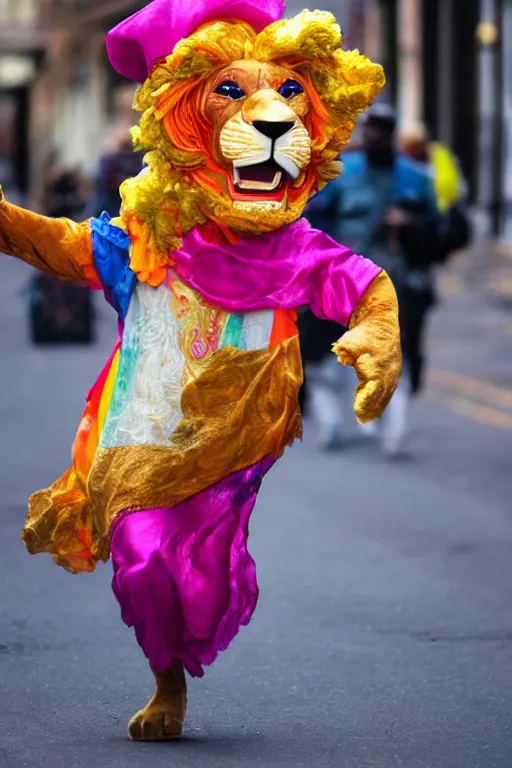 Prompt: An anthro anthropomorphic lion wearing a brightly coloured hat and silk scarf, proudly walking down the street, happy, joyful, in the style of Cassius Marcellus Coolidge