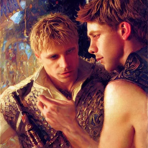 Image similar to attractive arthur pendragon confesses his love to attractive male merlin. highly detailed painting by gaston bussiere, craig mullins, j. c. leyendecker 8 k