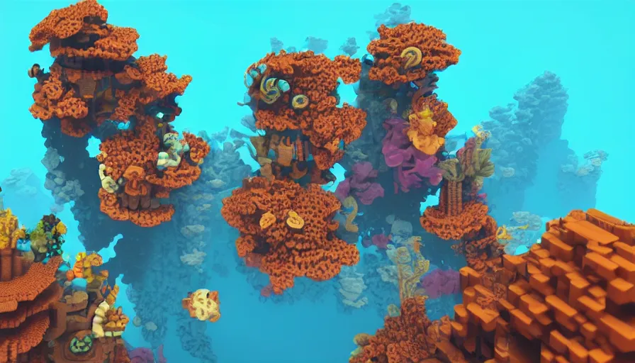 Image similar to voxel art steampunk coral reef, octane render, high detail, trending on artstation, high quality wallpaper