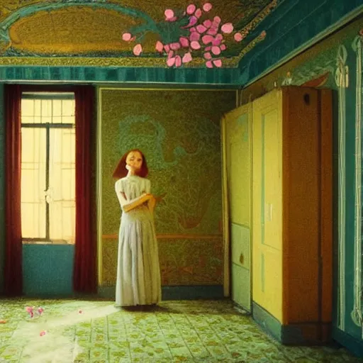 Image similar to a flowery girl in an soviet golden liminal abandoned room, film still by wes anderson, depicted by balthus, limited color palette, very intricate, art nouveau, highly detailed, lights by hopper, soft pastel colors