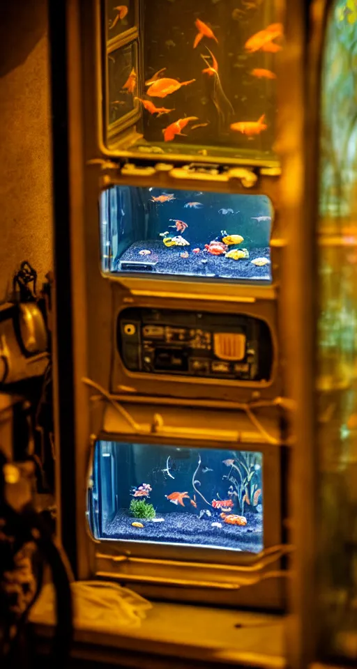 Image similar to telephoto 7 0 mm f / 2. 8 iso 2 0 0 photograph depicting the feeling of chrysalism in a cosy safe cluttered french sci - fi art nouveau cyberpunk apartment in a dreamstate art cinema style. ( ( fish tank ) ), ambient light.