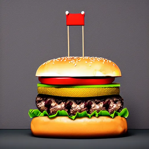 Image similar to a burger in the shape of a cat, with fries, volumetric lighting, 4 k