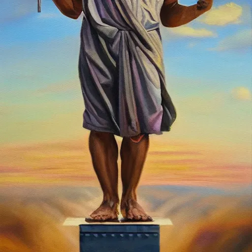 Image similar to Jay Powell as God, holding scales of balance in his hand, oil painting, masterpiece, 4k