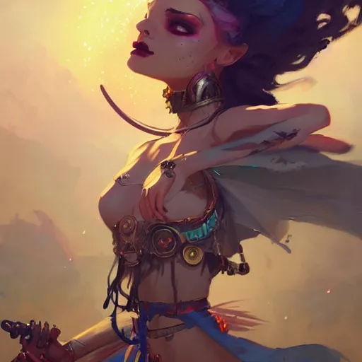 Image similar to a beautiful post apocalyptic gypsy wearing crop top, concept art by pete mohrbacher and guweiz and ilya kuvshinov, digital art, highly detailed, intricate, sharp focus, trending on artstation hq, deviantart, unreal engine 5, 4 k uhd image