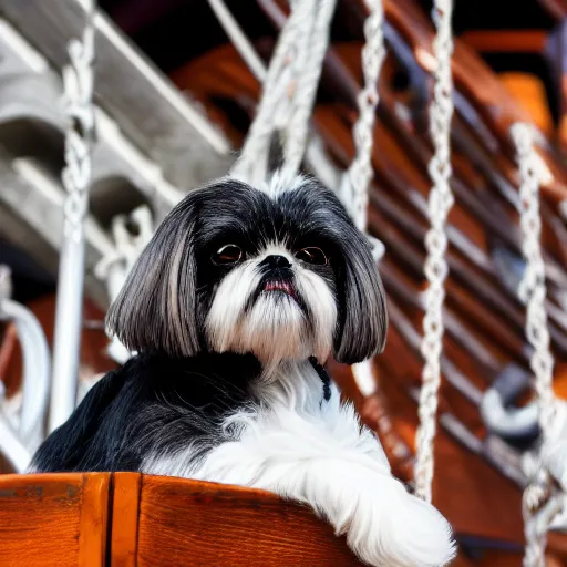 Prompt: a shih tzu on a pirate ship, wearing sunglasses, canon eos r 3, f / 1. 4, iso 2 0 0, 1 / 1 6 0 s, 8 k, raw, unedited, symmetrical balance, in - frame