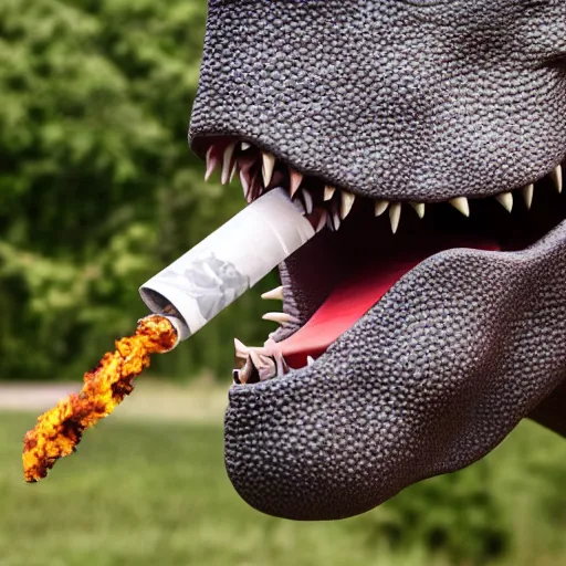 Prompt: dinosaur smoking a cigarette and blowing smoke realistic 8 k hdr 3 5 mm