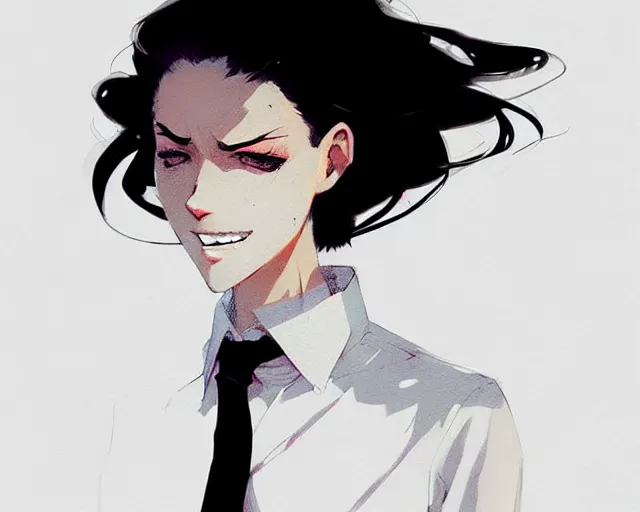 Image similar to a ultradetailed full body portrait of a woman dressed in a white shirt with a tie, by conrad roset, greg rutkowski and makoto shinkai trending on artstation