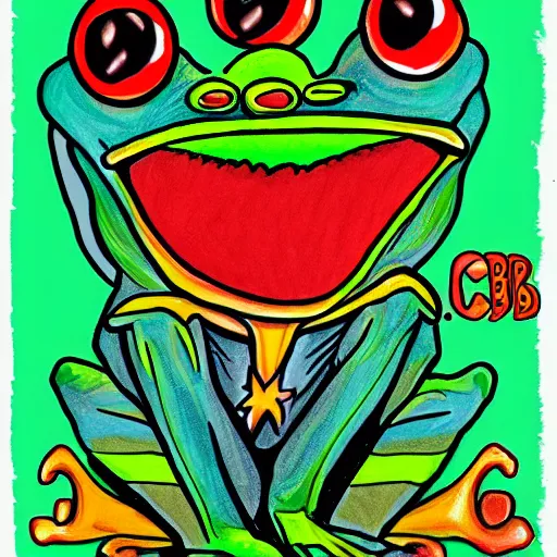 Prompt: matt furie boys club frog character colourful realistic drawing