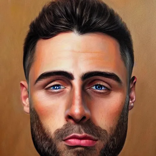 Image similar to Caricature portraits done of Gigachad, realistic, hyperrealistic, very realistic, highly detailed, very detailed, extremely detailed, detailed, oil painting, digital art, trending on artstation