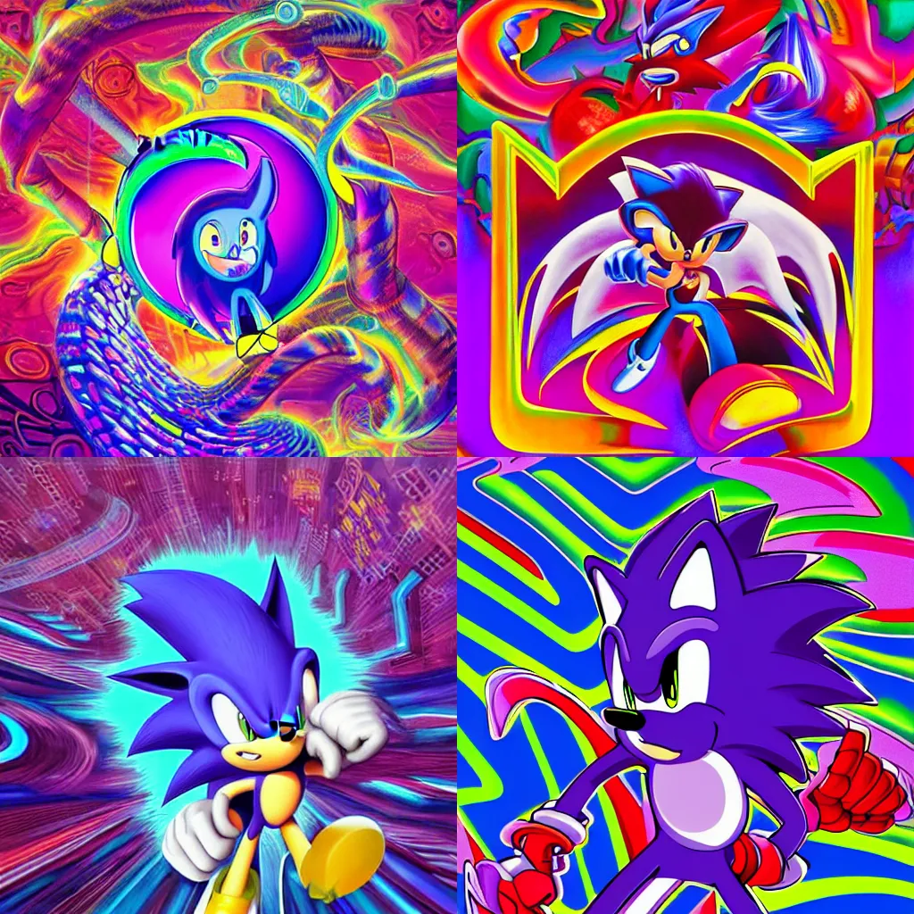 Prompt: surreal, sharp, detailed professional, high quality airbrush art MGMT album cover of a liquid dissolving LSD DMT sonic the hedgehog in cyberspace, purple checkerboard background, 1990s 1992 Sega Genesis video game album cover