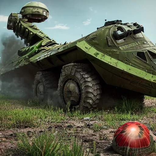 Image similar to Very very very very highly detailed sci-fi Watermelon military vehicle with epic weapons, on a battlefield in russian city . Photorealistic Concept 3D digital art rendered in Highly Octane Render, epic dimensional light