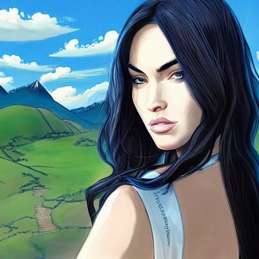 Image similar to “Megan Fox, portrait!!! Mononoke-hime style, cartoon, blue sky with white clouds green hills and mountains on the background, fantasy, photorealistic, concept Art, ultra detailed portrait, 4k resolution”