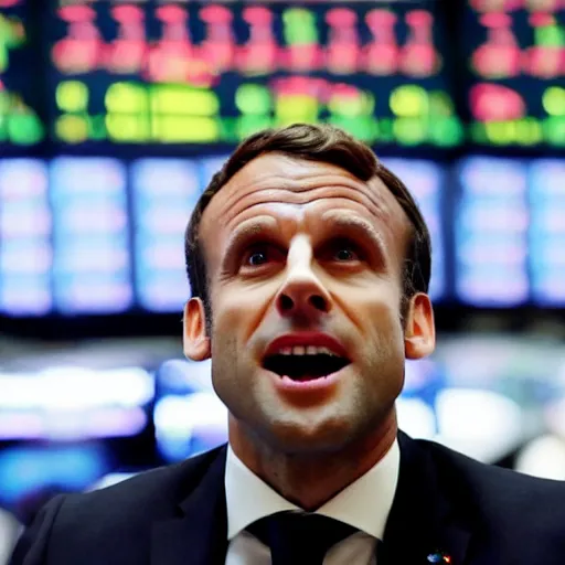 Image similar to film still Emmanuel Macron at Wall street stock exchange, exulting from joy, in the big short (2015)