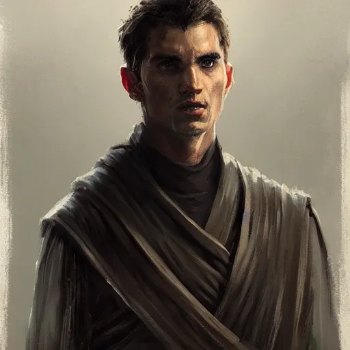 Image similar to portrait of a man by greg rutkowski, jedi knight, he looks like sam witwer wearing black jedi robes, star wars expanded universe, he is about 2 0 years old, highly detailed portrait, digital painting, artstation, concept art, smooth, sharp foccus ilustration, artstation hq