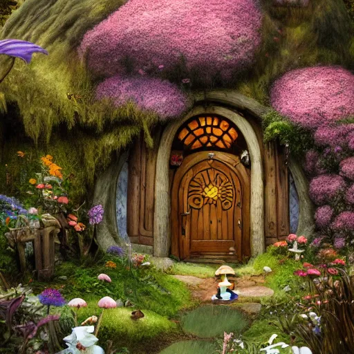 Prompt: A beautiful digital painting of a hobbit house covered in flowers, mushrooms and moss with a door and windows and a front path and garden in the shire by Stanley Artgerm Lau, frank frazetta, Rossdraws, James Jean, gerald brom, Andrei Riabovitchev, Marc Simonetti, and Sakimichan, trending on artstation, SFW version