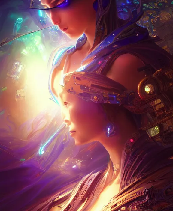 Image similar to a whirlwind of souls rushing inside the metaverse, half body, glowin eyes, tiara with sapphire, pharaoh, android, cyberpunk, d & d, fantasy, intricate, elegant, highly detailed, colorful, vivid color, digital painting, artstation, concept art, art by artgerm and greg rutkowski and alphonse mucha and ruan jia