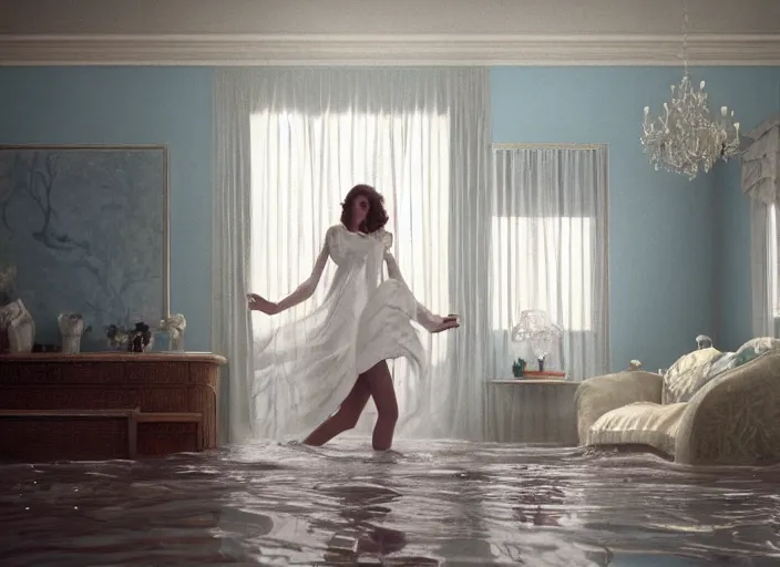 Prompt: kodak portra 4 0 0 photographic, 8 0 s living room, detailed, octane render, 4 k, hyper realistic, floor flooded, how river, a beautiful woman in a white lace dress like the pre - raphaelites is playing dead afloat, wide angle, sharp focus, soft light, volumetric light fog, in the style of gregory crewdson