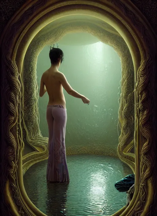 Image similar to hyperreal ultra detailed hypnagogic recollections from the waters of the unconscious. a 3 d psychopomp watching on. a child's face in the mirror, a doorway threshold, a snake, sharp focus, a digital egregore, global illumination, ornate, art by shaun tan, fenghua zhong and daniel merriam and dan mumford octane render