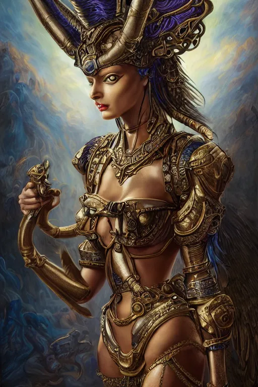 Image similar to Mystical Valkyrie, Portrait of a beautiful female Atlantean Anubis Alien Reptilian Warrior, Realistic, Regal, Refined, Detailed Digital Art, François Boucher, Walt Disney (1937), Oil Painting, Michael Cheval, Steampunk, Highly Detailed, Cinematic Lighting, Unreal Engine, 8k, HD