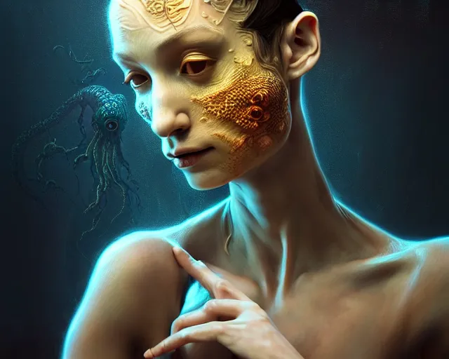 Image similar to lovecraft biopunk portrait of ballerina, fractal background, au naturel, hyper detailed, digital art, trending in artstation, cinematic lighting, studio quality, smooth render, unreal engine 5 rendered, octane rendered, art style by klimt and nixeu and ian sprigger and wlop and krenz cushart.