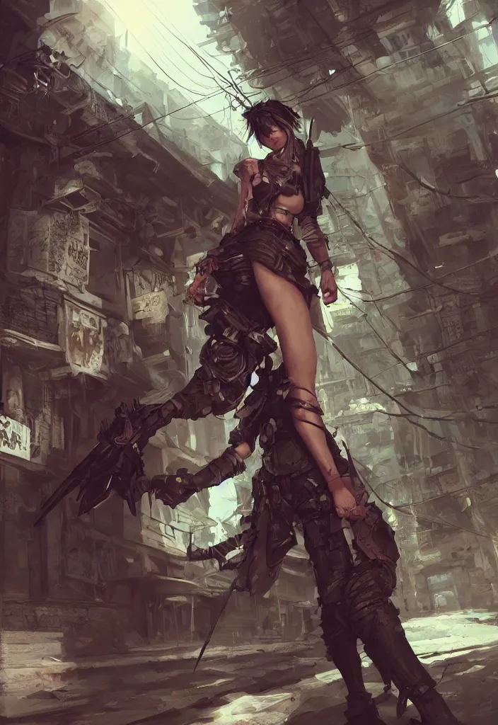 Image similar to Beautiful science fiction warrior princess full body portrait, set in post apocalyptic Tokyo alleyway, glorious sunlight, colors and shadows, D&D, fantasy, highly detailed, digital painting, artstation, concept art, sharp focus, illustration, in style of Artgerm and KyuYong Eom and Mansik Yang and WLOP and Greg Rutkowski and Paul Chadeisson