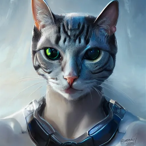 Image similar to epic cyborg cat, portrait, highly detailed, digital painting, trending on artstation, concept art, sharp focus, illustration, art by artgerm and greg rutkowski and magali villeneuv