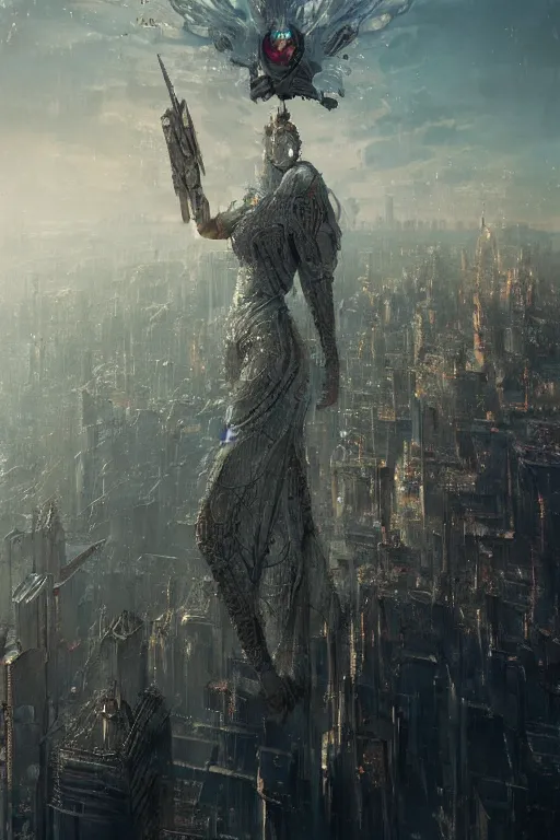 Prompt: intelligence artificial goddess floating above a city, sharp focus, by rozalski, by greg rutkowski, cinematic shot, megalophobia, award winning, trending on artstation, intricate, detailed