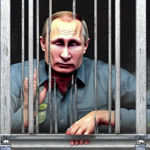 Prompt: Vladimir Putin crying behind bars, ugly, smooggy, dark, filthy, rat, garbage, worms,