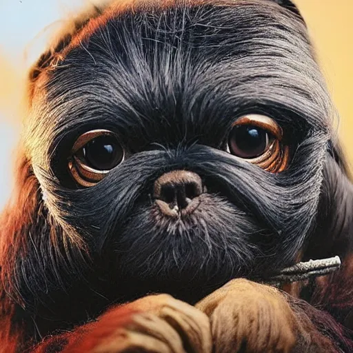 Image similar to an ewok that looks like a pug, national geographic photography