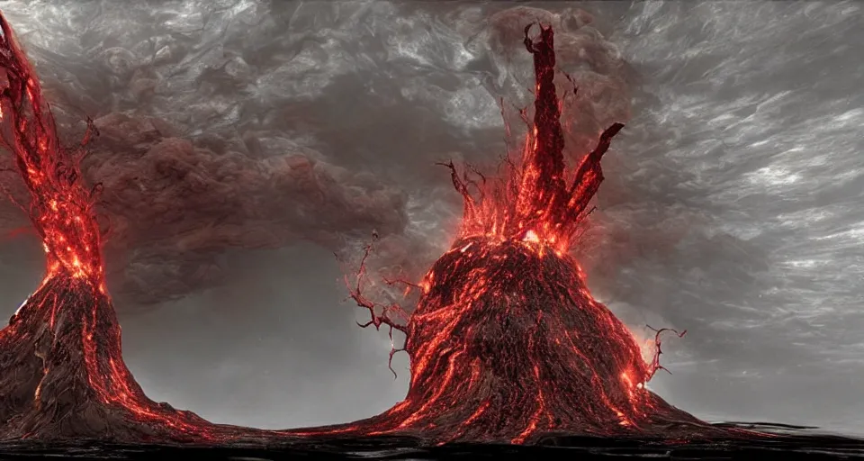 Image similar to a volcano made of ivory vines and crimson rocks enters in eruption, it spits a smoke in the shape of demonic eye, from Lineage 2