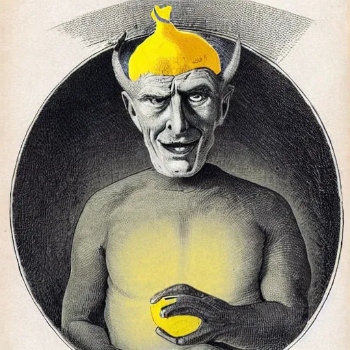 Image similar to a man with a lemon head and devil horns sorts an archive, realistic photograph, dark