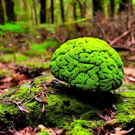 Prompt: a brain in the woods covered with moss, growing mushrooms