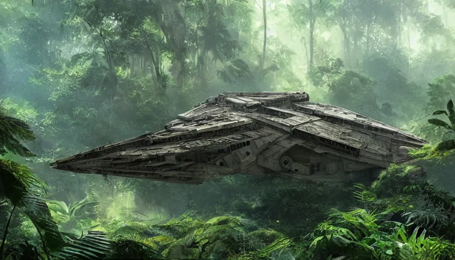 Image similar to a beautiful painting of a crashed millennium falcon in a lush jungle, ray traced lighting by george lucas and greg rutkowski