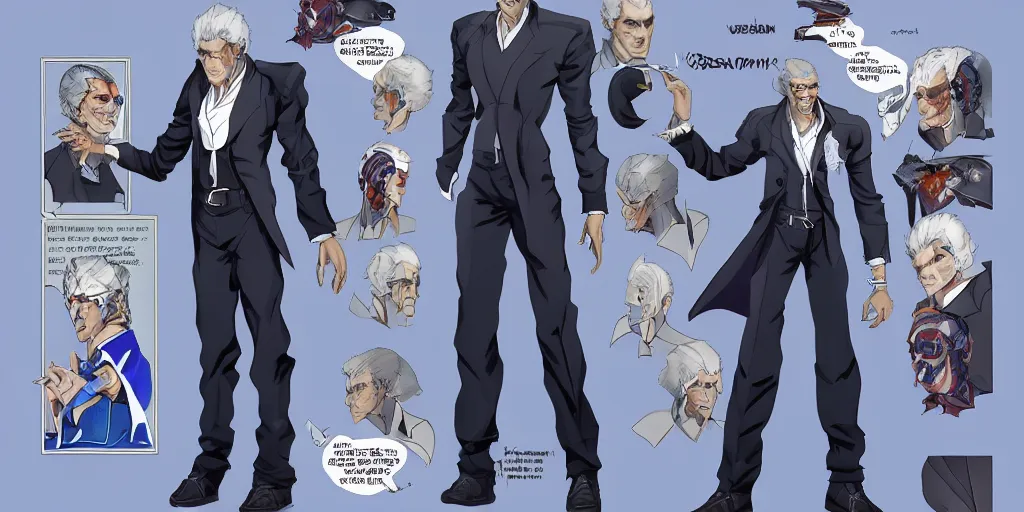 Prompt: Fusion of Barak Obama and Vergil from the game Devil May Cry in the style of Araki Hirohiko, Jojo\'s Bizarre Adventure, character design sheet