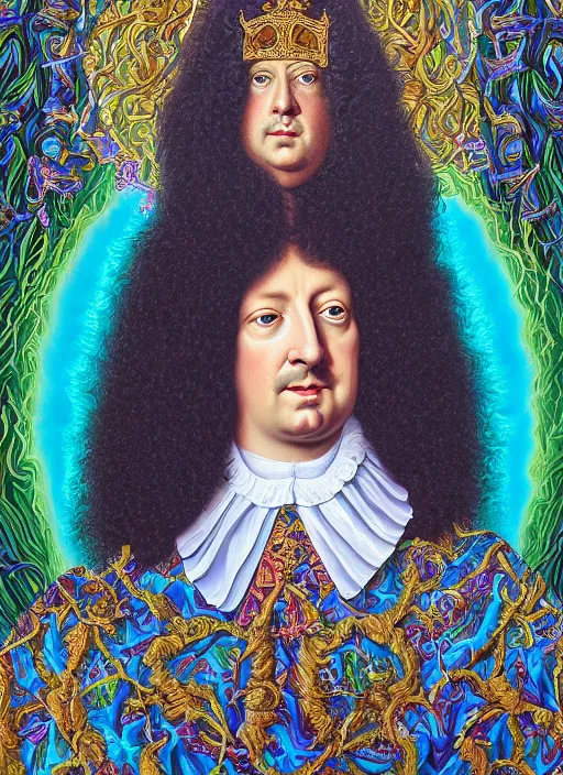 Prompt: beautiful oil painting, full length portrait of Louis xiv in coronation robes 1701, Dan Mumford, Dan Mumford, Alex grey, Alex grey, highly detailed , lsd visuals, dmt fractal patterns, hallucinogen, visionary art, psychedelic art, ornate, vaporwave, baroque