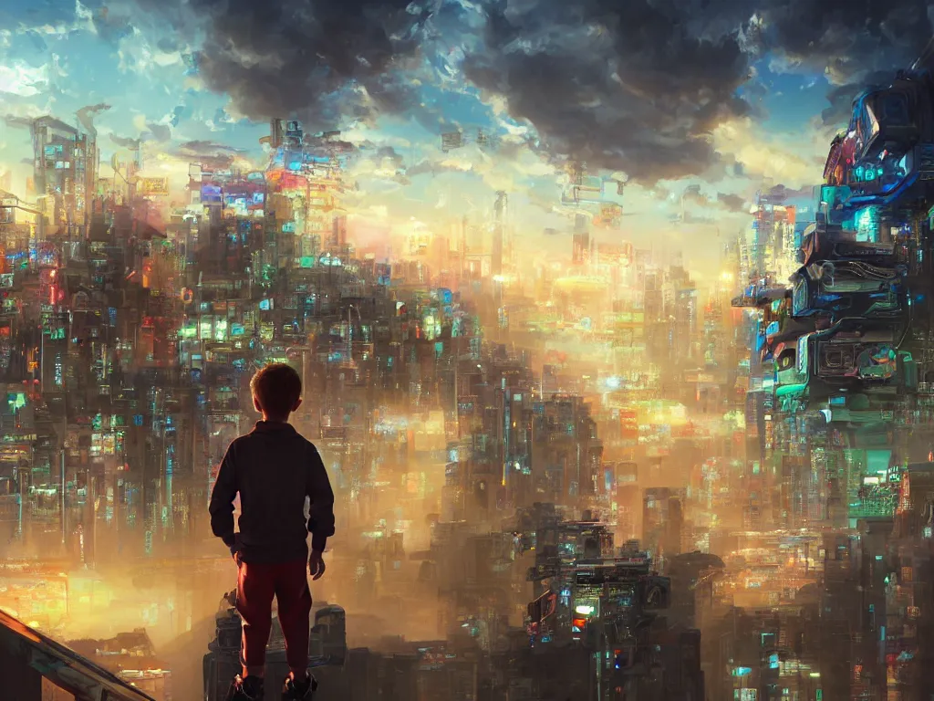 Prompt: a painting of a boy on top of a building watching a colorful sunrise futuristic city surrounded by clouds, cyberpunk art by yoshitaka amano and alena benami, cg society contest winner, retrofuturism, matte painting, cyber landscape, cityscape