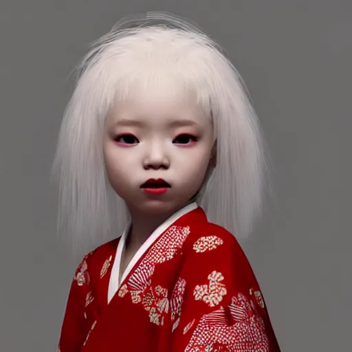 Image similar to beautiful albino Asian girl kid in a fancy kimono, unreal engine octane, red and white, gliter, depth of field, 8k, hyper detailed, trending on artstation