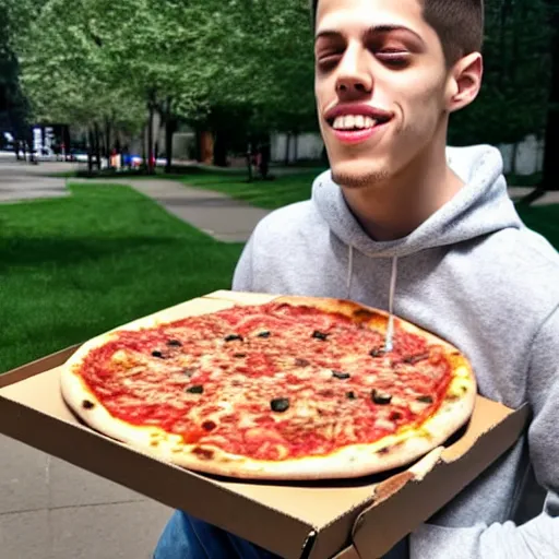 Prompt: pete davidson happily carrying a fresh pizza without a box, just the pizza, outside in a park