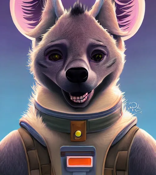 Image similar to digital detailed art of furry female hyena, in style of zootopia, fursona, furry, furaffinity, deviantart, wearing astronaut outfit, floating in space, space background, cyberpunk, detailed face, style of artgerm,