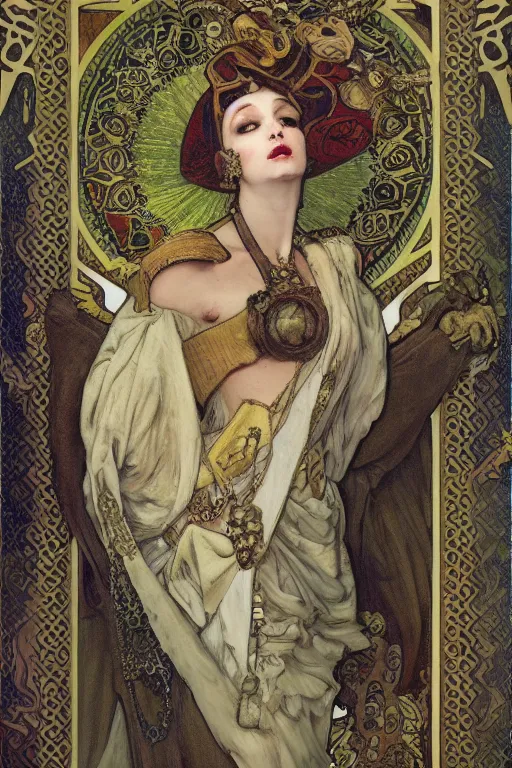 Prompt: oil painting of a gargoyle dressed as 16th century nobility by mucha and mohrbacher