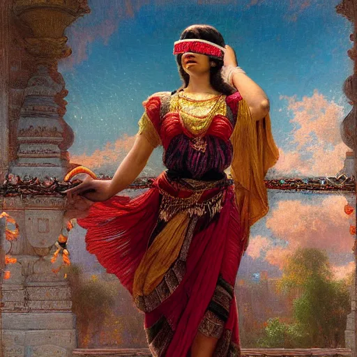 Image similar to detailed full body of hindu traditional woman blindfolded by high - tech vr headset and walking on thin bridge in sky, girl graceful,, painting by gaston bussiere, craig mullins, j. c. leyendecker, lights, art by ernst haeckel, john william godward, hammershøi,,
