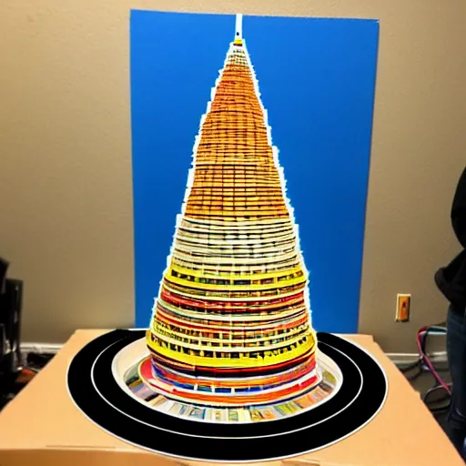 Image similar to tower of babel reaching up to heaven but it is made from 12 inch vinyl LPs